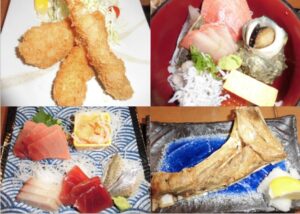 5/9　昼食のフライ盛合せ、海鮮丼、お刺身盛合せ、マグロのカマ焼